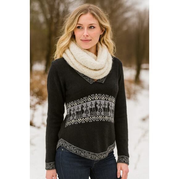 Manos de la Comunidad Peruvian SZ M 100% Baby Alpaca Sweater V Neck Black Gray - Picture 1 of 8